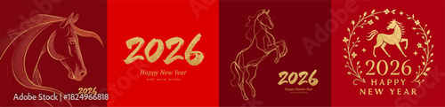 Year of the Horse. 2026 Chinese New Year. Elegant red and gold design with galloping horse illustration, luxury line art, festive greeting card for celebration and poster	
