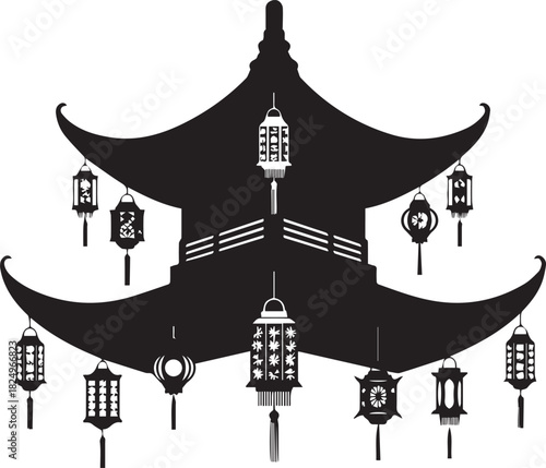Silhouette of a traditional east asian pagoda adorned with hanging lanterns