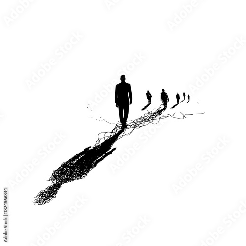 Man walking with long shadow, followed by figures, white