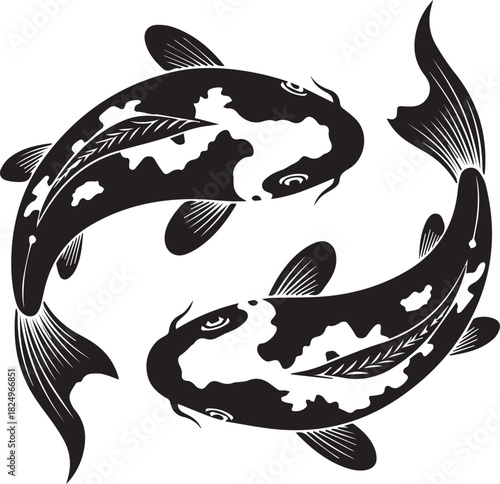Two black and white koi fish swimming in a yin yang symbol