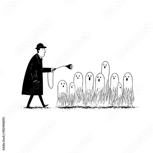 Man watering a field of growing ghosts with a hose