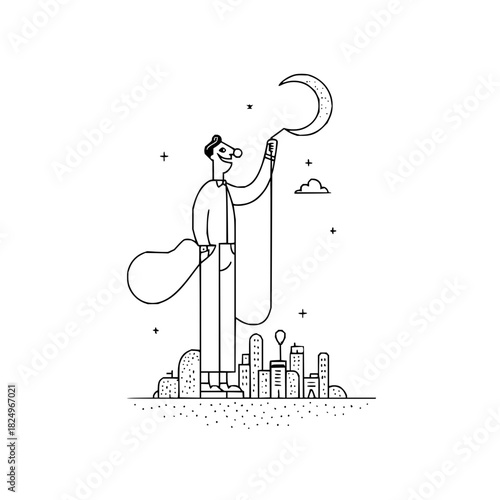 Man standing on cityscape holding crescent moon, dreaming of night sky