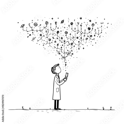 Scientist with phone and data network