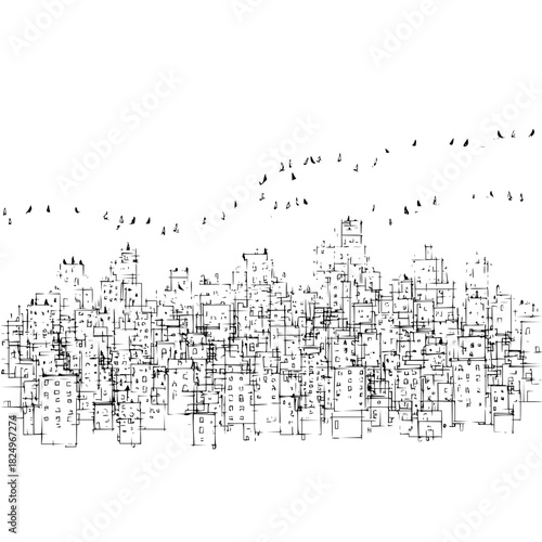 Handdrawn sketch of a bustling city skyline with flying birds