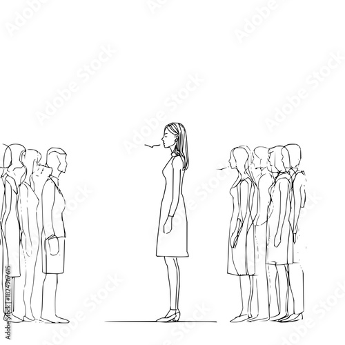 Woman communicating with two separate crowds