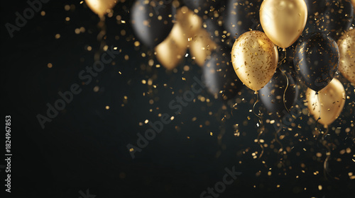 Festive, promotional or birthday background with gold and black balloons on a dark background with confetti with space for text or inscriptions. Black Friday concept or banner