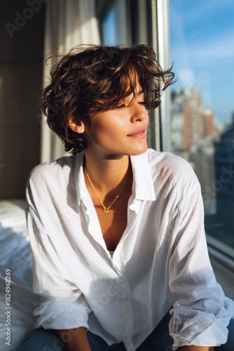 Young woman in white shirt gazing out window, bathed in natural light, creating a contemplative mood.