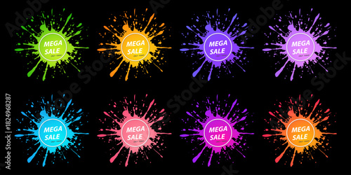 Colorful vector splash badge set for mega sale promotions featuring vibrant paint splatters in multiple neon shades, ideal for advertising banners, discount offers, marketing designs