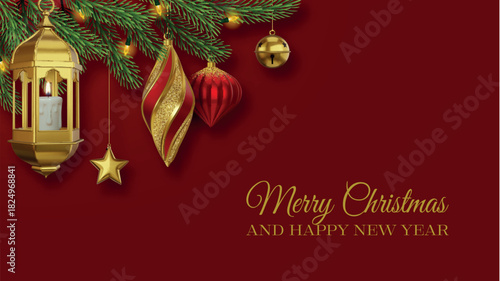 christmas greeting card with pine branches and decorations