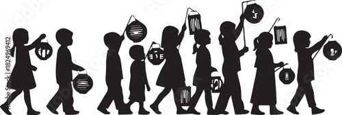 Silhouettes of children in a line holding jack o lanterns for halloween