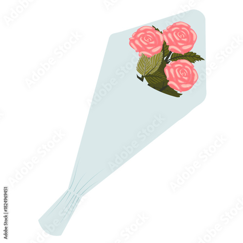 A bouquet of roses wrapped in soft blue packaging. Three light pink, lush roses in wrapping paper.