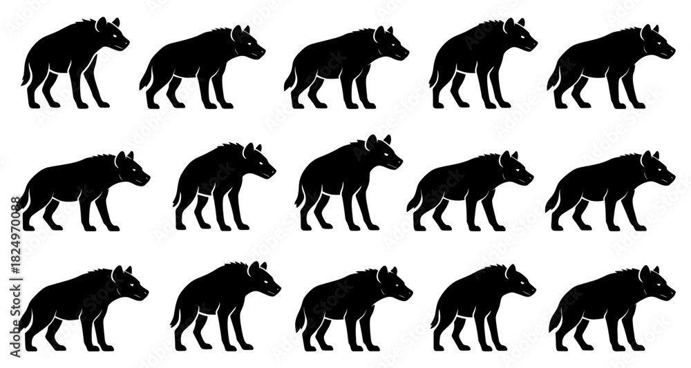 Fototapeta premium Hyena silhouettes in walking and alert poses. Clean lines show high quality. The set captures strong shoulders and cautious wild movement