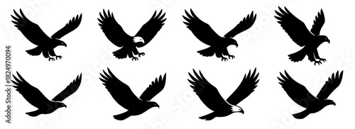 Eagle silhouettes in flying and landing poses. Clean lines show high quality. The set shows wide wings and powerful movement