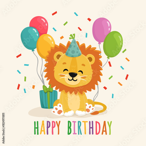 Cute cartoon lion with gift and balloons. Lion in flat style for greeting card, book, activity page. Happy birthday postcard. Vector illustration