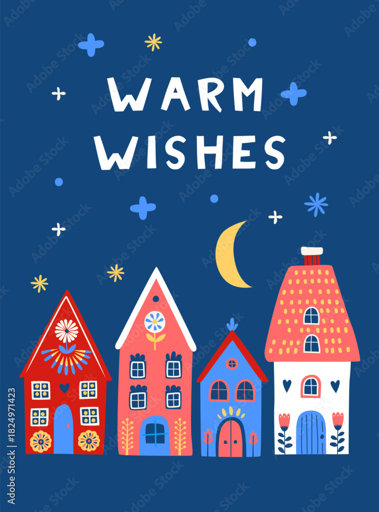 Fototapeta premium Scandi Christmas Village at Night, Cozy Happy Holidays Illustration. Whimsical Winter Houses with Moon Stars, Festive Warm Wishes Card. Colorful Nordic Village Under Night Sky Greeting Illustration