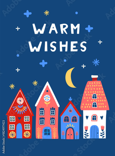 Scandi Christmas Village at Night, Cozy Happy Holidays Illustration. Whimsical Winter Houses with Moon Stars, Festive Warm Wishes Card. Colorful Nordic Village Under Night Sky Greeting Illustration