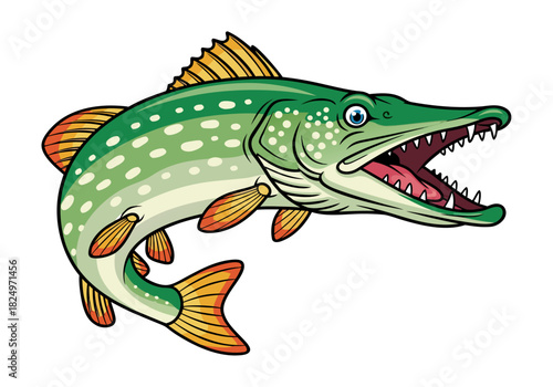 Illustration of a predatory Northern Pike fish, known for its sharp teeth and aggressive hunting style, captured in a dynamic pose