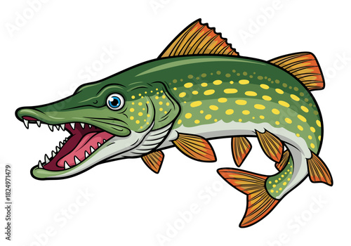 A menacing green pike fish illustration with sharp teeth and yellow spots swimming in water