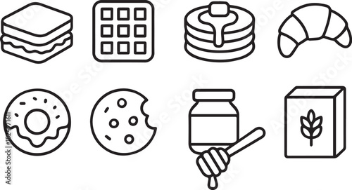 Breakfast and Snack Icon Set, Breakfast icon set, Snack symbol vector, Black line food graphics, cereal box icon – Black Line Symbols of Sandwich, Pancakes, Waffle, Croissant, Donut, Cookie, Honey