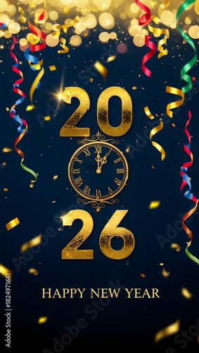 Golden 2026 happy new year clock and festive background