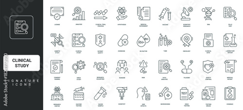 Overdose risk and placebo, laboratory report thin black and red outline symbols vector illustration Clinical study, drug and vaccine testing, medical data and license for patient safety line icon set.