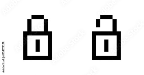 Pixel lock icons in open and closed states, retro security symbol set, pixel art, vector illustration.