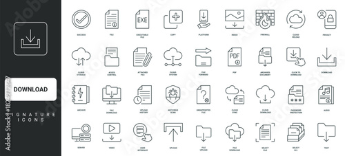 Select all, password protection and privacy thin black and red outline symbols vector illustration Download and upload file and folder to server, cloud storage and sync, data transfer line icon set.