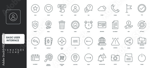 Bell and exclamation mark of warning, navigation thin black and red outline symbols vector illustration Basic interface kit, simple user profile menu and mobile app button, search line icon set.