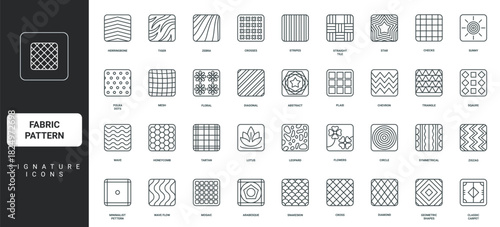 Fabric patterns in line icon set of square shape. Stripes and polka dots, zigzag and diamond mesh, wave and herringbone, mosaic tiles and Scottish plaid thin black outline symbols vector illustration