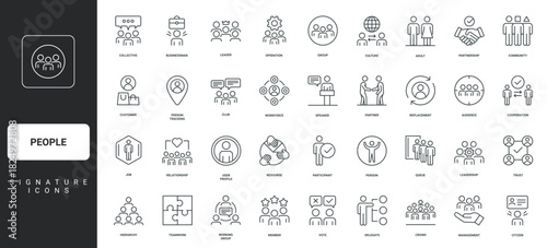 Hierarchy and corporate team organization, leader thin black and red outline symbols vector illustration People, person and social group, participant and member of community, audience line icon set.