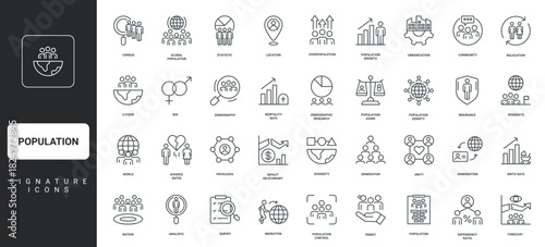 Data survey and demographic analysis, population growth thin black and red outline symbols vector illustration Population, people of world diversity and immigration, demography line icon set.