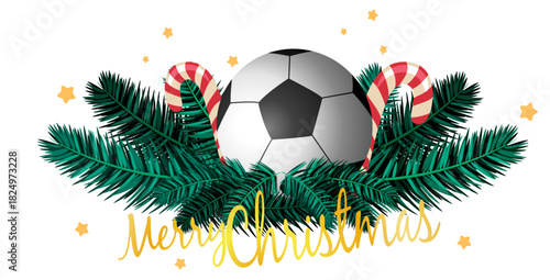 Christmas soccer illustration featuring ball, holly, pine branches, bows, bells, and Merry Christmas lettering. Perfect for cards, labels, banners, and holiday sports designs