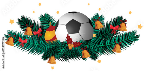 Christmas soccer illustration featuring ball, holly, pine branches, bows, bells, and Merry Christmas lettering. Perfect for cards, labels, banners, and holiday sports designs