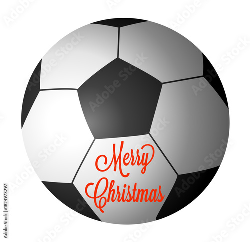 Christmas soccer illustration featuring ball, holly, pine branches, bows, bells, and Merry Christmas lettering. Perfect for cards, labels, banners, and holiday sports designs