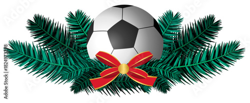 Christmas soccer illustration featuring ball, holly, pine branches, bows, bells, and Merry Christmas lettering. Perfect for cards, labels, banners, and holiday sports designs