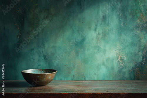 copper bowl against a verdigris patina background - tonal minimalistic mood image for aged or burnished metal color board or product photo - antique verdigris burnished bowl scene.