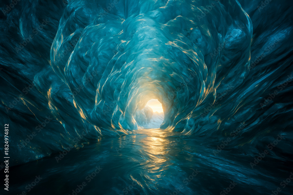 Fototapeta premium Stunning ice tunnel with glowing light at the end