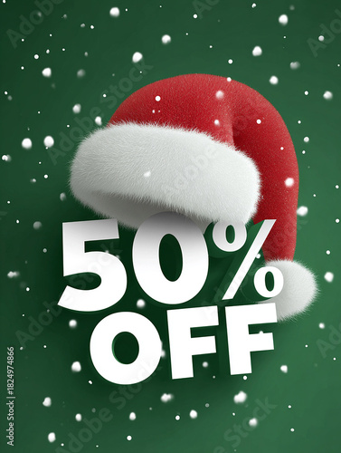 Bold “50% OFF” Text Wearing a Fluffy Santa Hat, Festive Christmas Sale Design