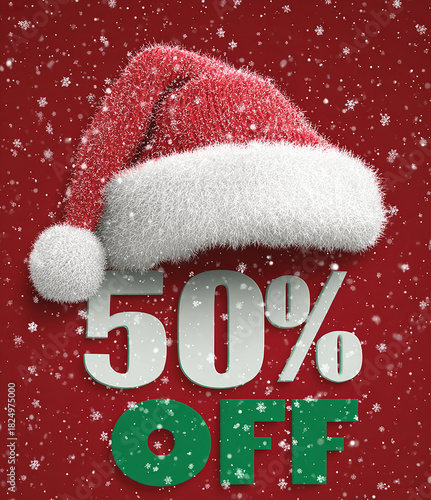 Bold “50% OFF” Text Wearing a Fluffy Santa Hat, Festive Christmas Sale Design