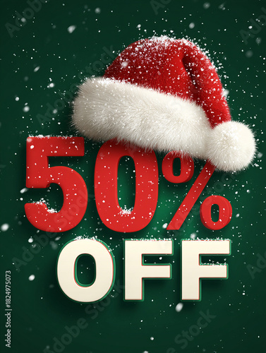 Bold “50% OFF” Text Wearing a Fluffy Santa Hat, Festive Christmas Sale Design