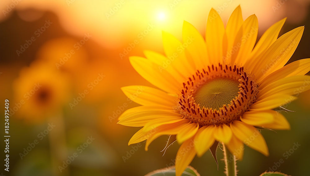 Fototapeta premium Vibrant Sunflower Close-up Glowing in Golden Hour Sunset Field