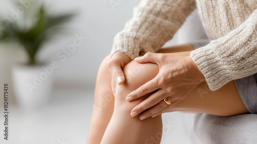 Elderly woman touching painful knee due to joint inflammation