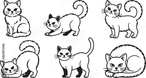 Six outlined cartoonish kittens showcase distinct poses and styles against a transparent backdrop beautifully