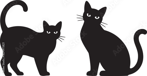 Two stylized black cat silhouettes feature pointy ears, tails, and minimalistic facial expressions, transparent background