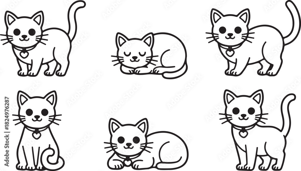 Obraz premium Six black outline cartoon cats pose with collars on a transparent background