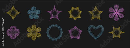 Simple geometric brutalism figures with grain noise gradient texture. Y2k retro stippling flower and star forms set. Vector gritty monochrome textured illustration.
