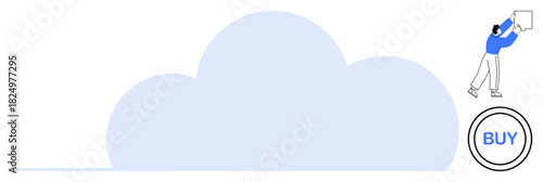 Cloud storage concept. A large cloud shape s cloud storage technology while a person interacts with it. Cloud storage simplifies digital file management and data access. For technology, business