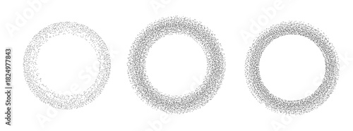 Gradient dot round frames set isolated on white background. Vector realistic illustration of dotwork rings with grainy halftone texture, black paint spray radial figure, grungy sand art elements