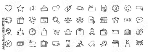 E-commerce and shopping line icon set. Vector pictograms of shopping cart, delivery truck, wallet, credit card, and star rating, thin linear illustration.