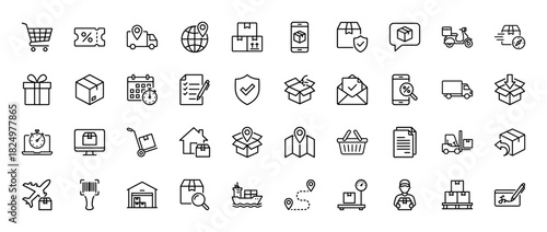 Logistics and delivery line icon set. Vector pictograms of truck, box, ship, plane, warehouse, courier, tracking, forklift, thin linear illustration.